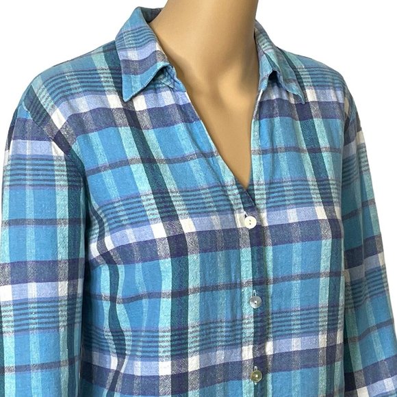 Jordan Womens XL Linen Blend Blue Plaid 3/4 Sleeve Button Up V-Neck Blouse Shirt - Picture 3 of 9